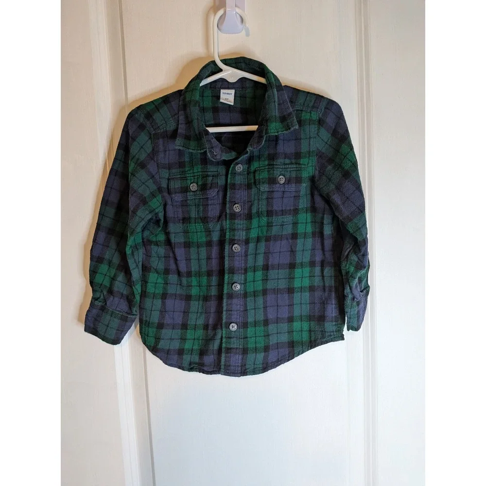 Old Navy Toddler Boys Green Navy Blue Plaid Flannel Button Down Shirt 3T